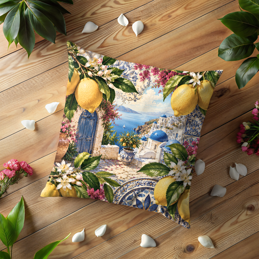 Lemon Greek Terrace Pillow Cover | Mediterranean Landscape Art | Gold Crackle Decor