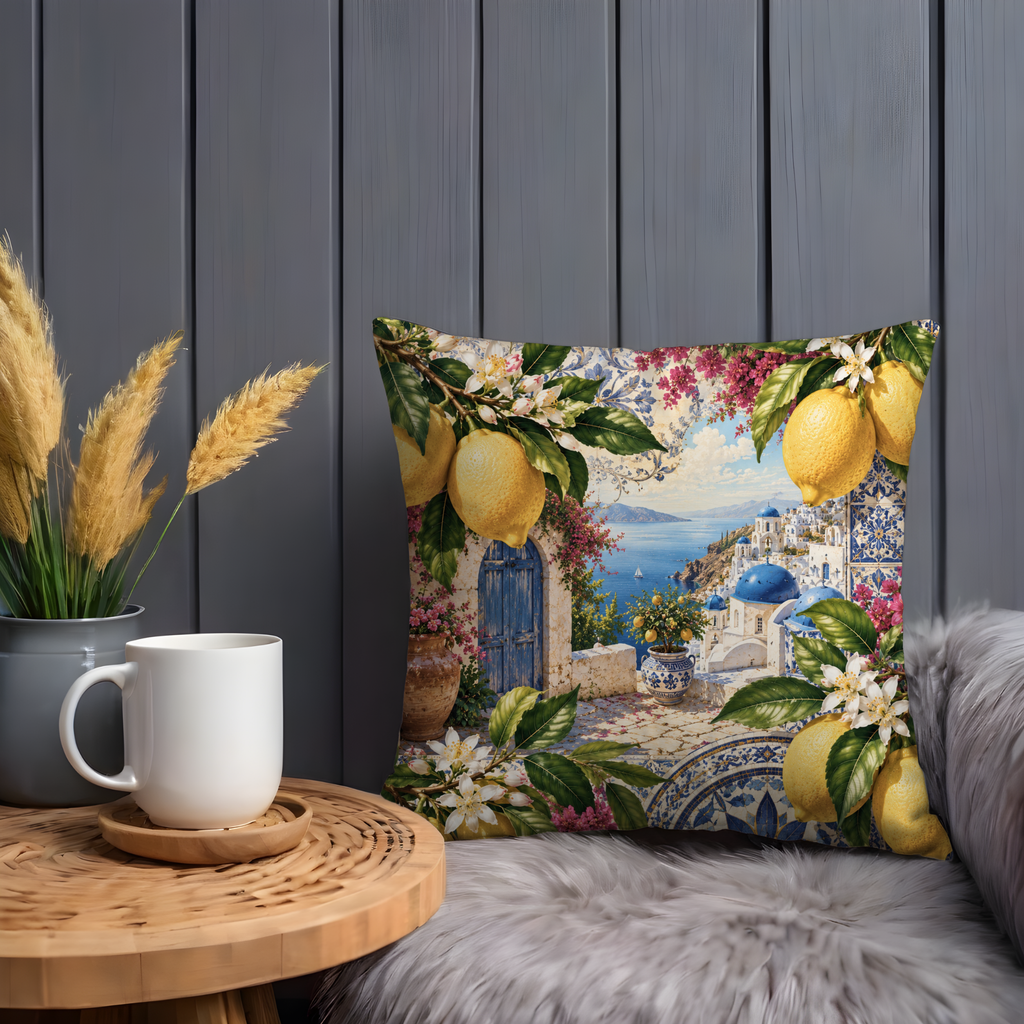 Lemon Greek Terrace Pillow Cover | Mediterranean Landscape Art | Gold Crackle Decor