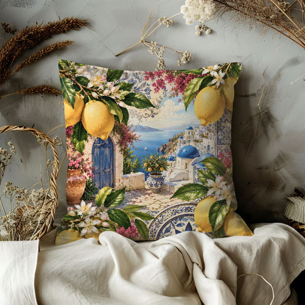 Lemon Greek Terrace Pillow Cover – Mediterranean Landscape Art | Gold Crackle Decor