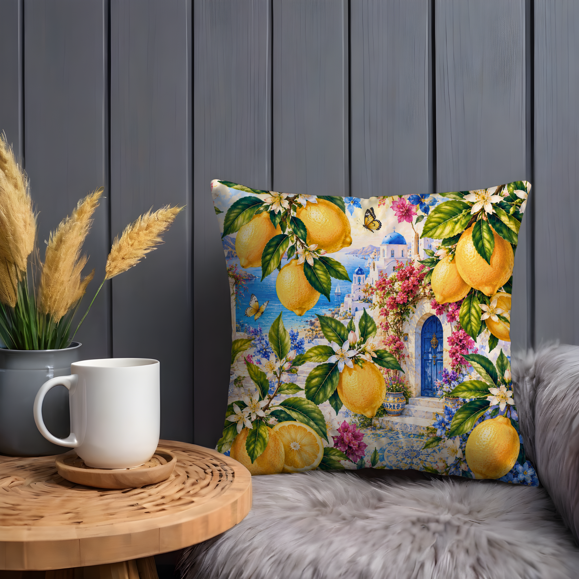 Lemon Greek Village Pillow Cover | Mediterranean Landscape Art | Gold Crackle Decor