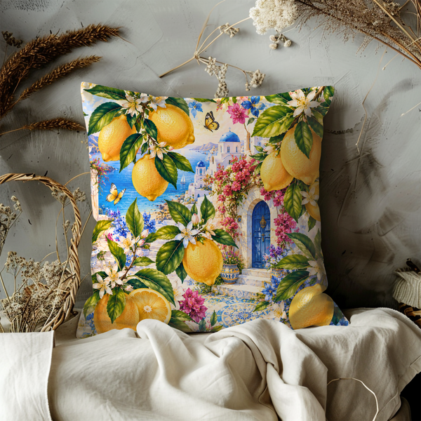 Lemon Greek Village Pillow Cover – Mediterranean Landscape Art | Gold Crackle Decor