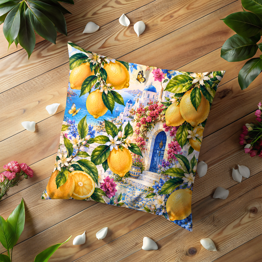 Lemon Greek Village Pillow Cover | Mediterranean Landscape Art | Gold Crackle Decor