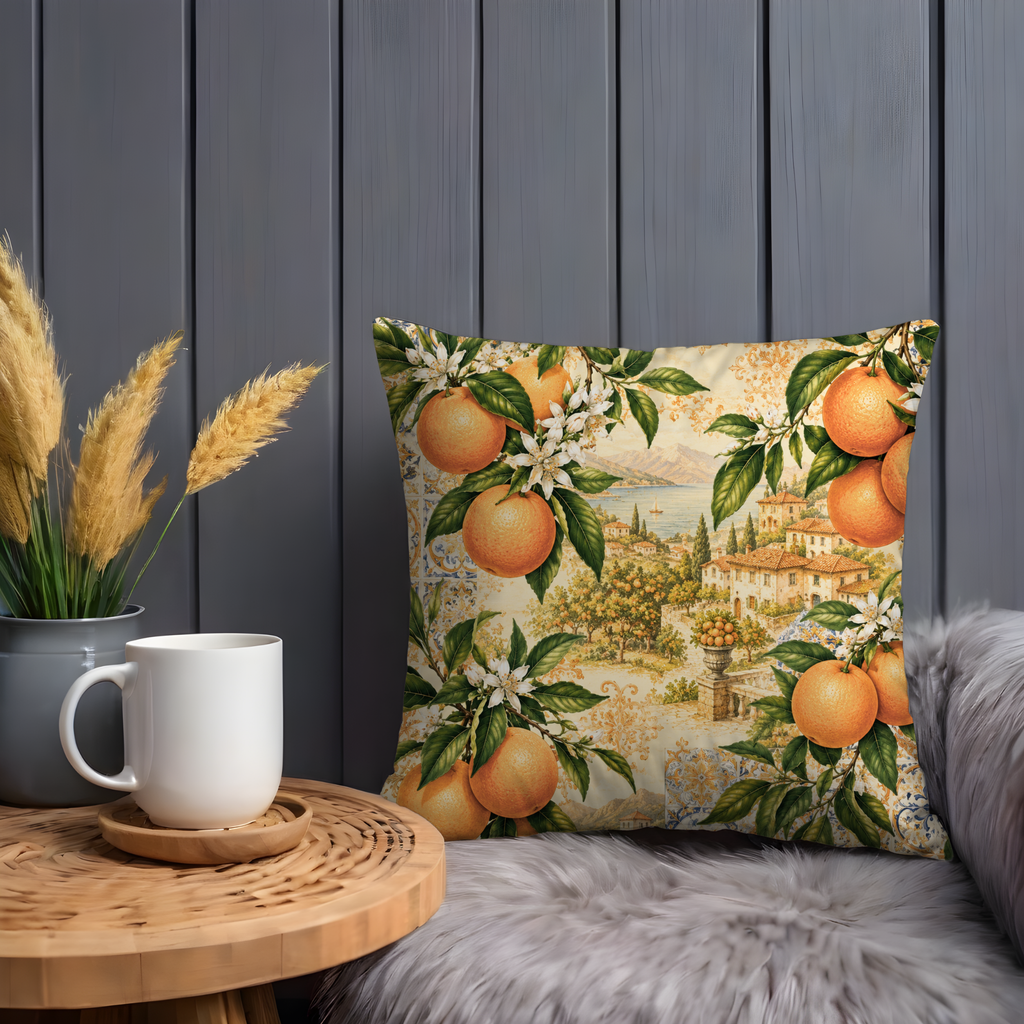 Mediterranean Orange Grove Pillow Cover | Citrus Landscape Art | Gold Crackle Decor