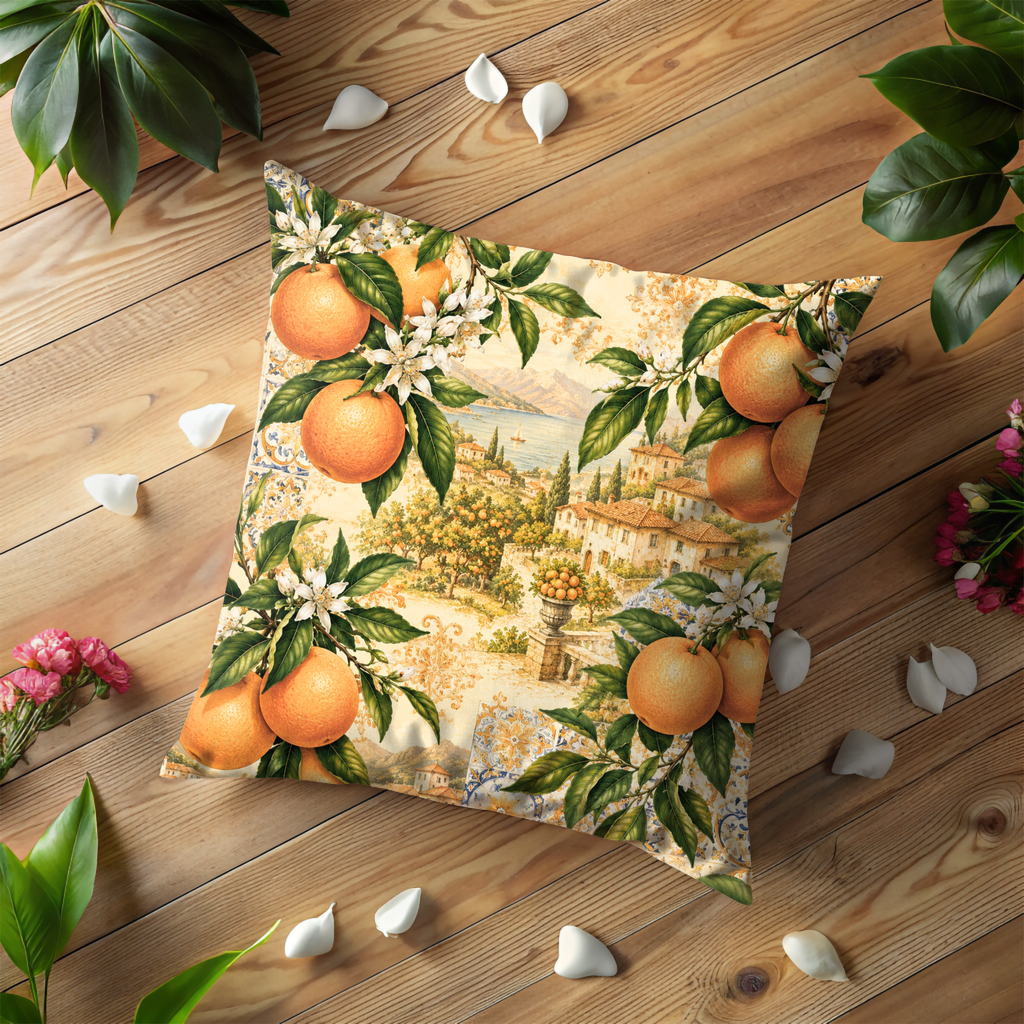 Mediterranean Orange Grove Pillow Cover | Citrus Landscape Art | Gold Crackle Decor