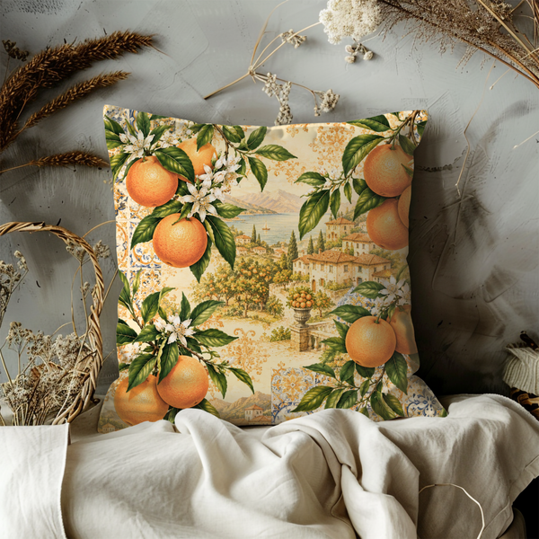 Mediterranean Orange Grove Pillow Cover – Citrus Landscape Art | Gold Crackle Decor