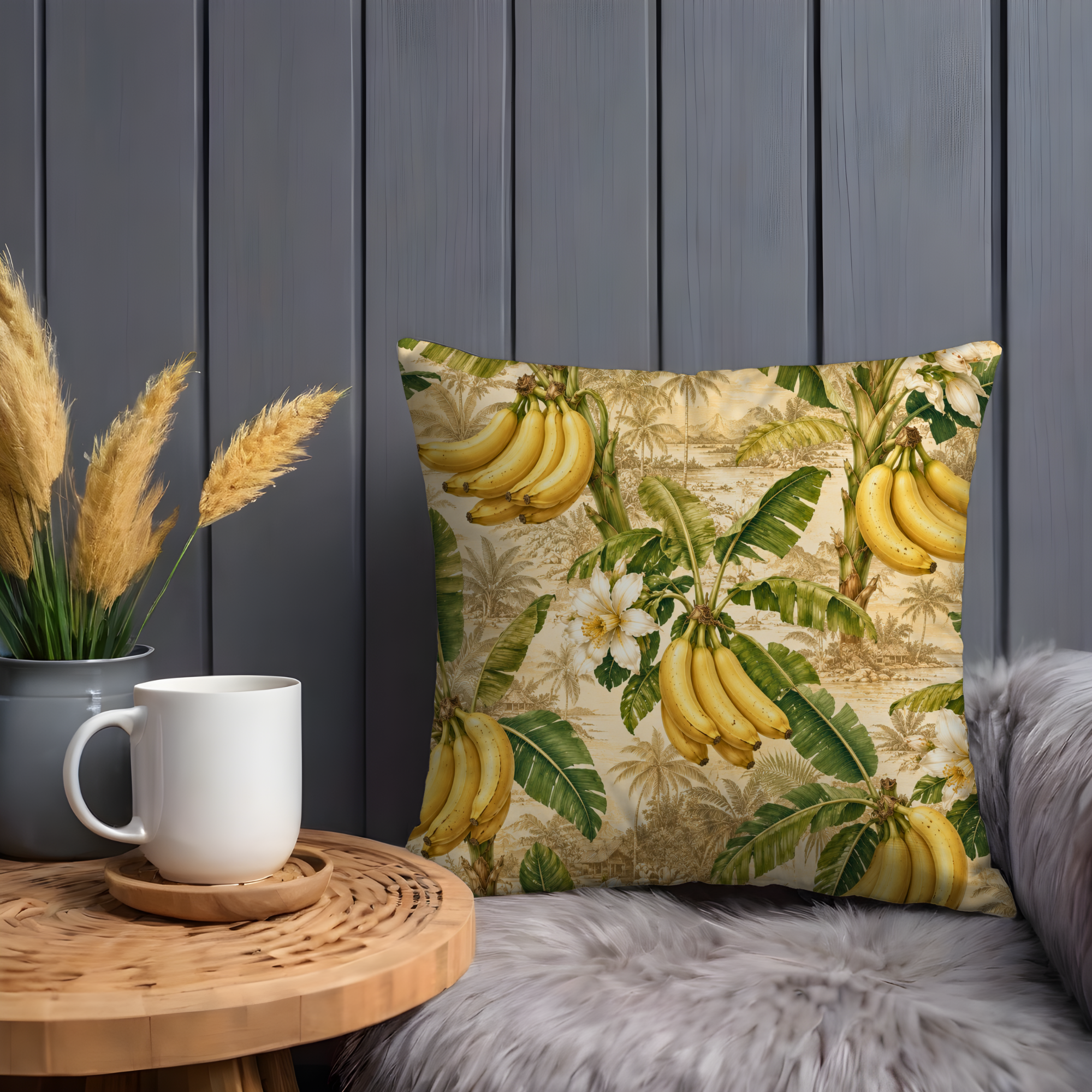 Tropical Banana Grove Pillow Cover | Exotic Landscape Art | Gold Crackle Decor