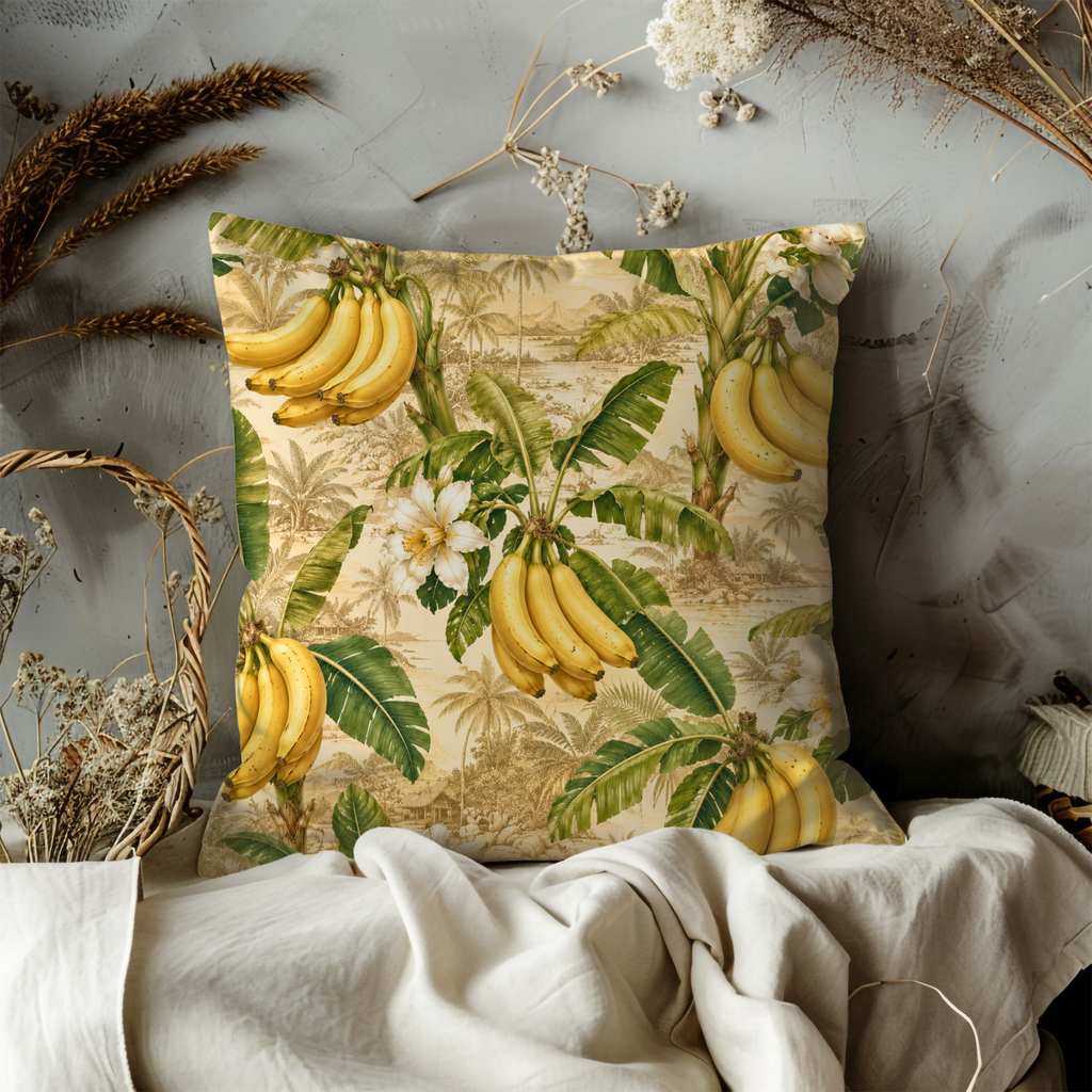 Tropical Banana Grove Pillow Cover | Exotic Landscape Art | Gold Crackle Decor