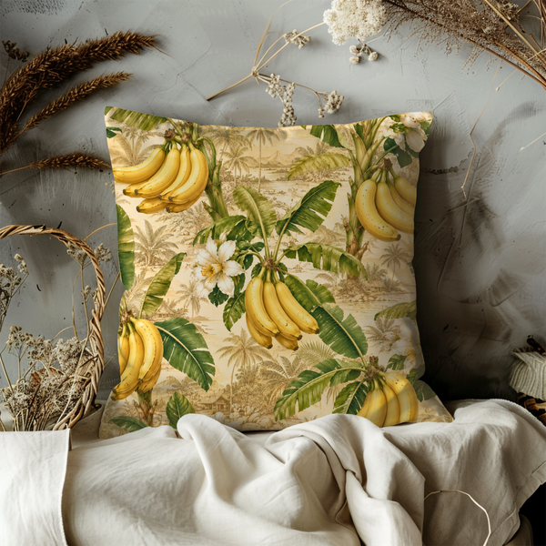 Tropical Banana Grove Pillow Cover – Exotic Landscape Art | Gold Crackle Decor