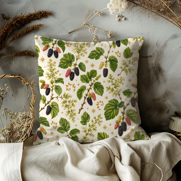 Mulberry Berry Branch Pillow Cover – Botanical Farm Art | Gold Crackle Decor