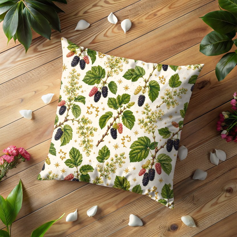 Mulberry Berry Branch Pillow Cover – Botanical Farm Art | Gold Crackle Decor