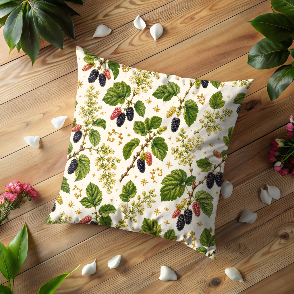 Mulberry Berry Branch Pillow Cover | Botanical Farm Art | Gold Crackle Decor