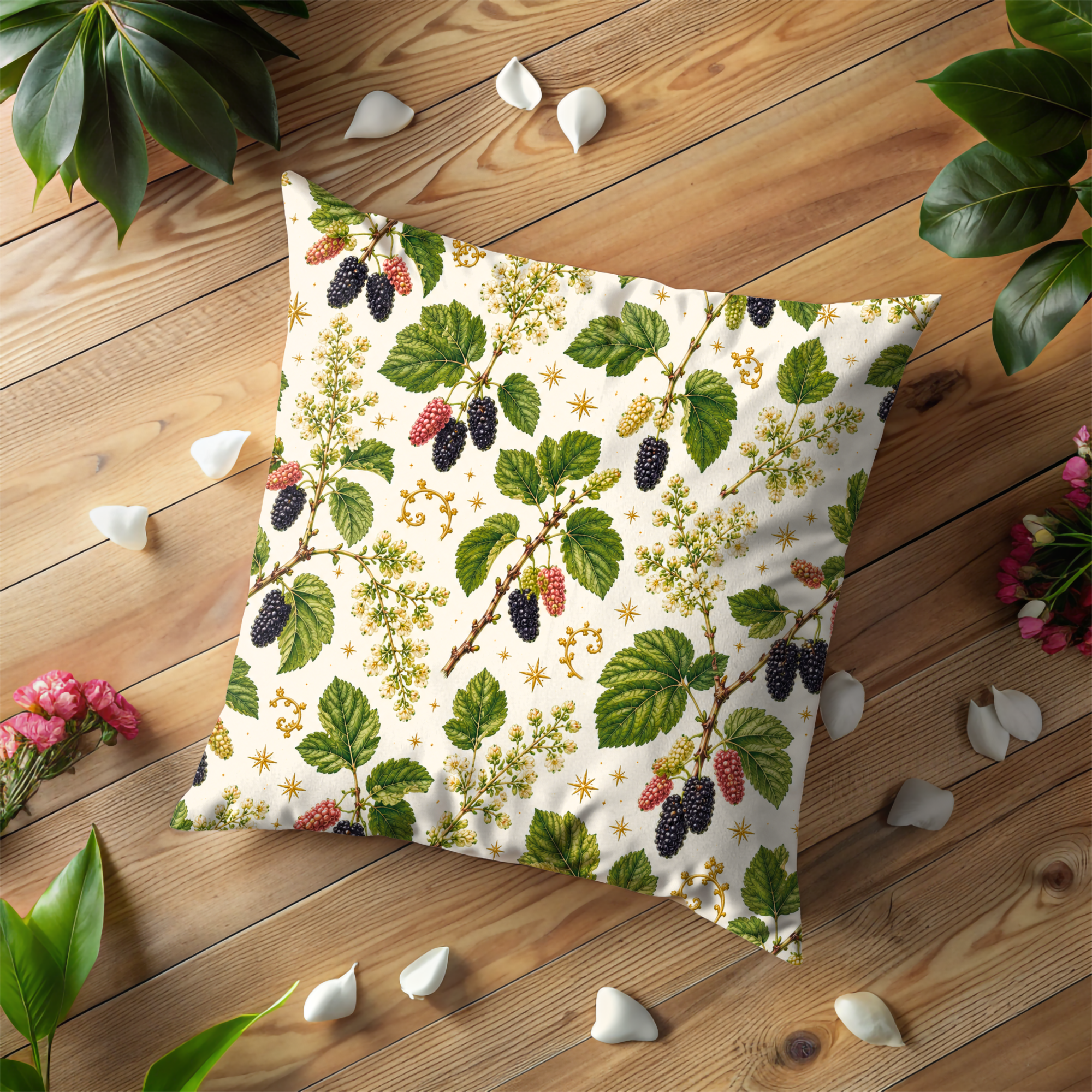 Mulberry Berry Branch Pillow Cover | Botanical Farm Art | Gold Crackle Decor