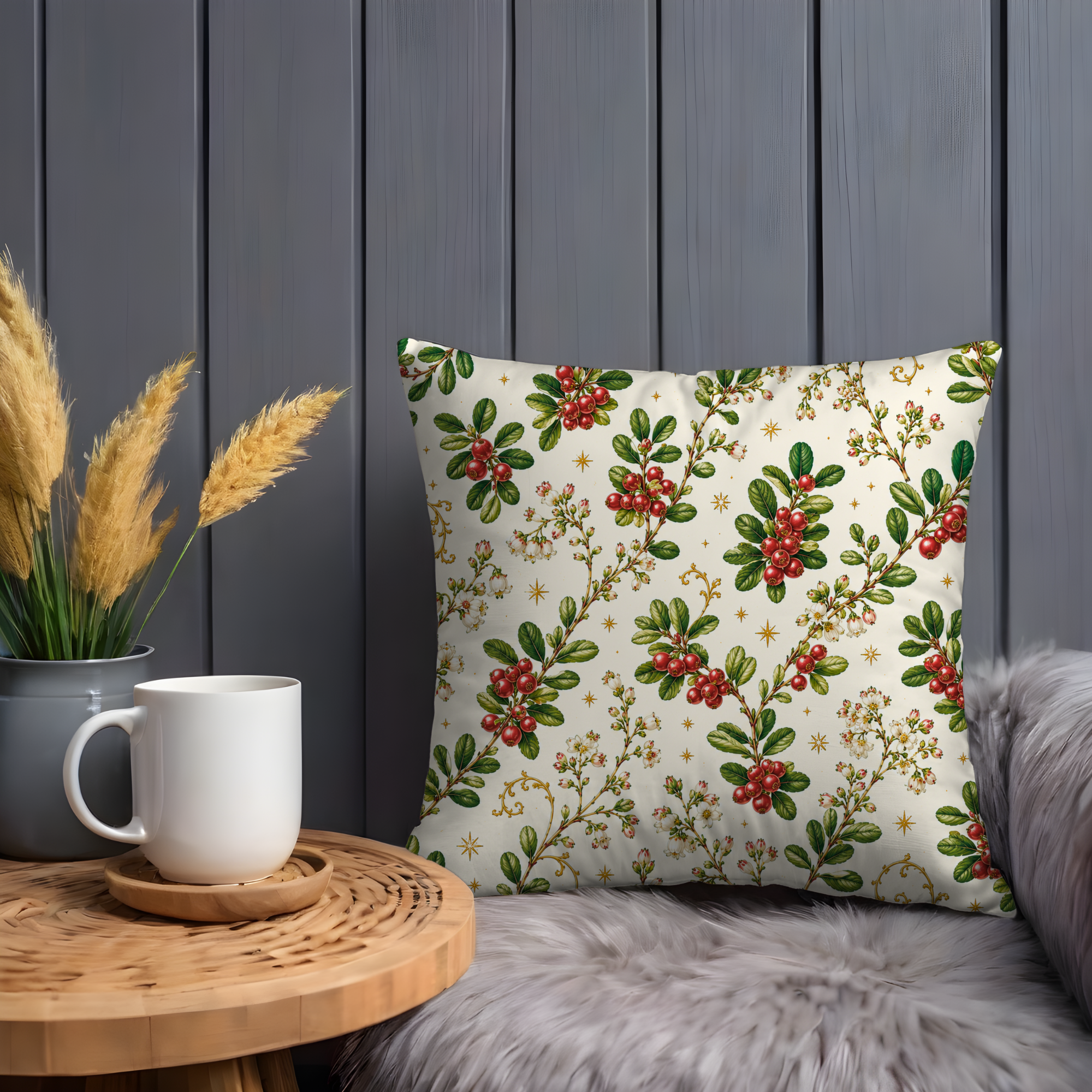 Red Berry Branch Pillow Cover | Botanical Farm Art | Gold Crackle Decor