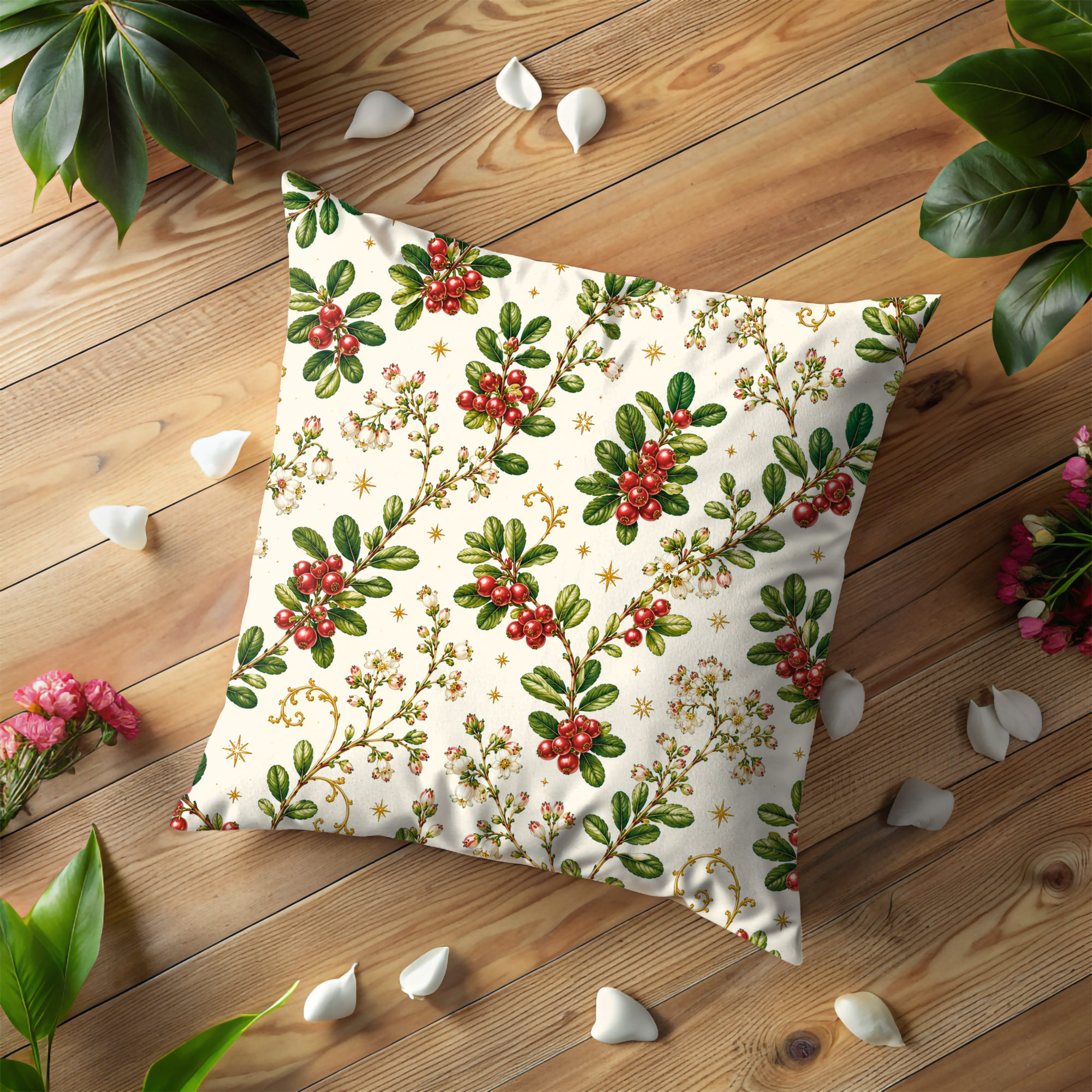 Red Berry Branch Pillow Cover | Botanical Farm Art | Gold Crackle Decor