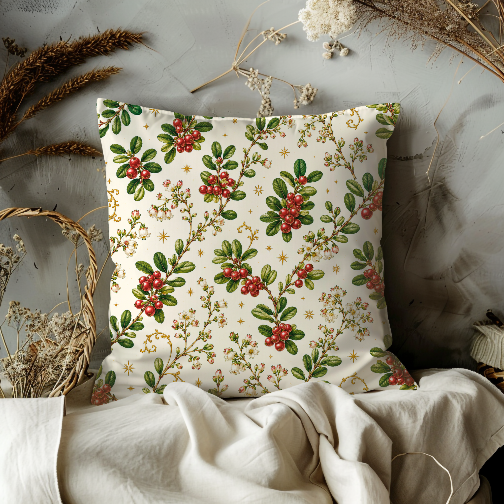 Red Berry Branch Pillow Cover | Botanical Farm Art | Gold Crackle Decor