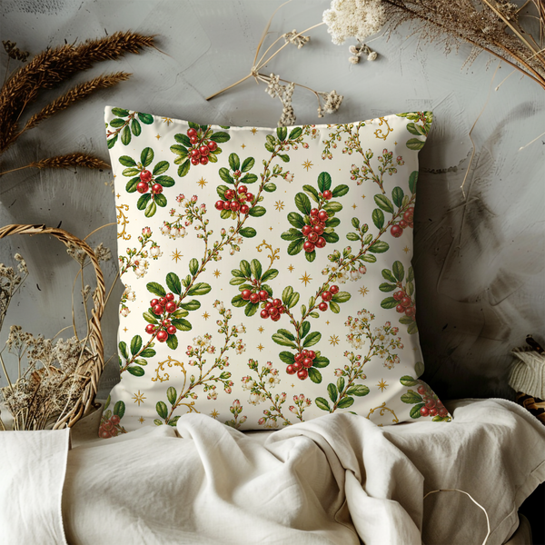 Red Berry Branch Pillow Cover – Botanical Farm Art | Gold Crackle Decor