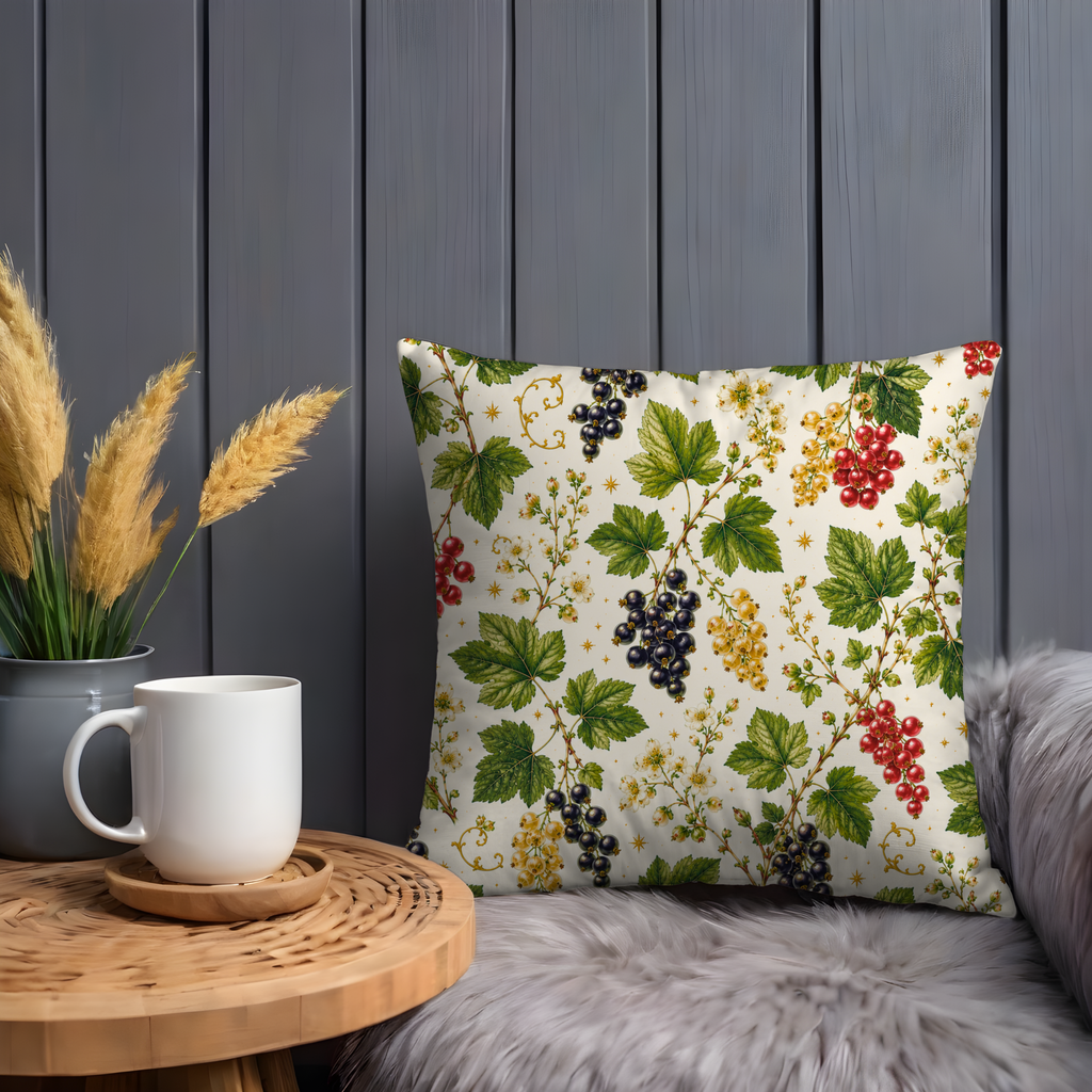Red Black Currant Branch Pillow Cover | Botanical Berry Art | Gold Crackle Decor