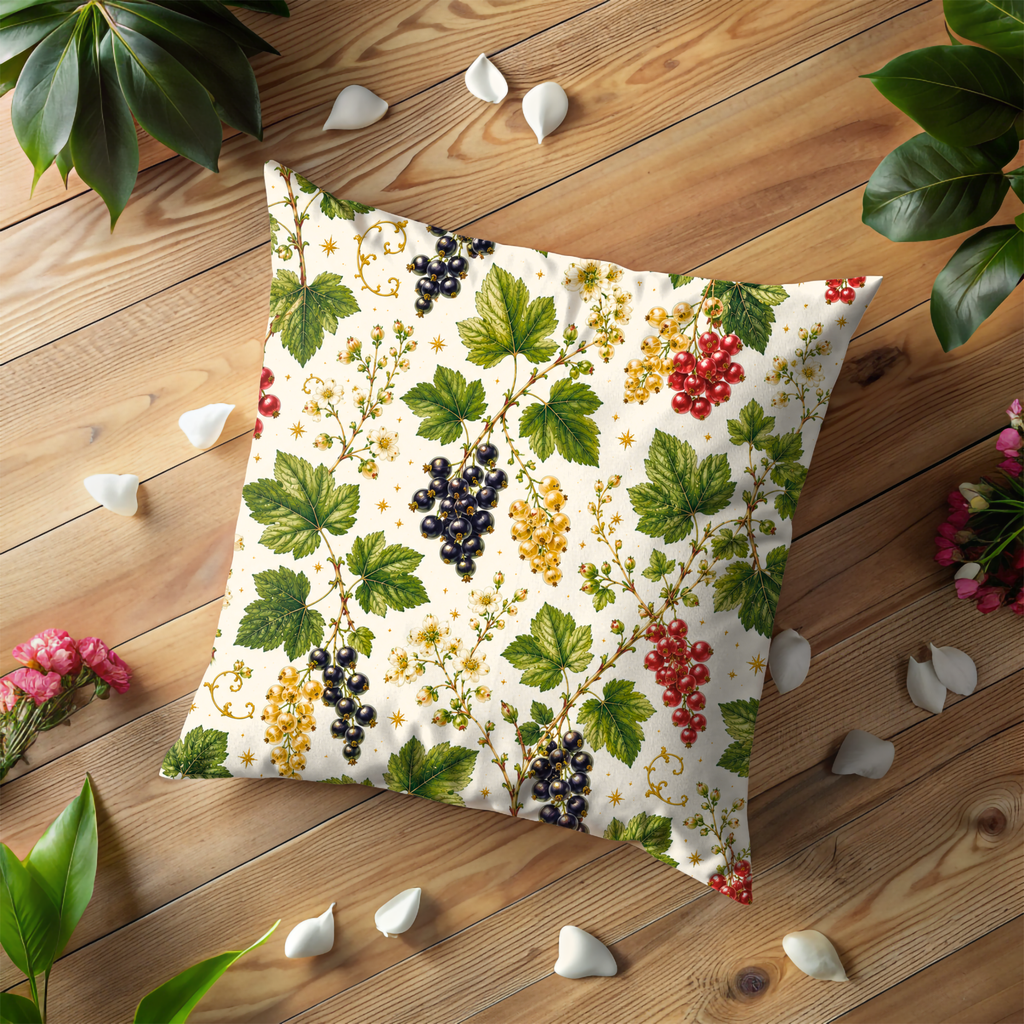 Red Black Currant Branch Pillow Cover | Botanical Berry Art | Gold Crackle Decor