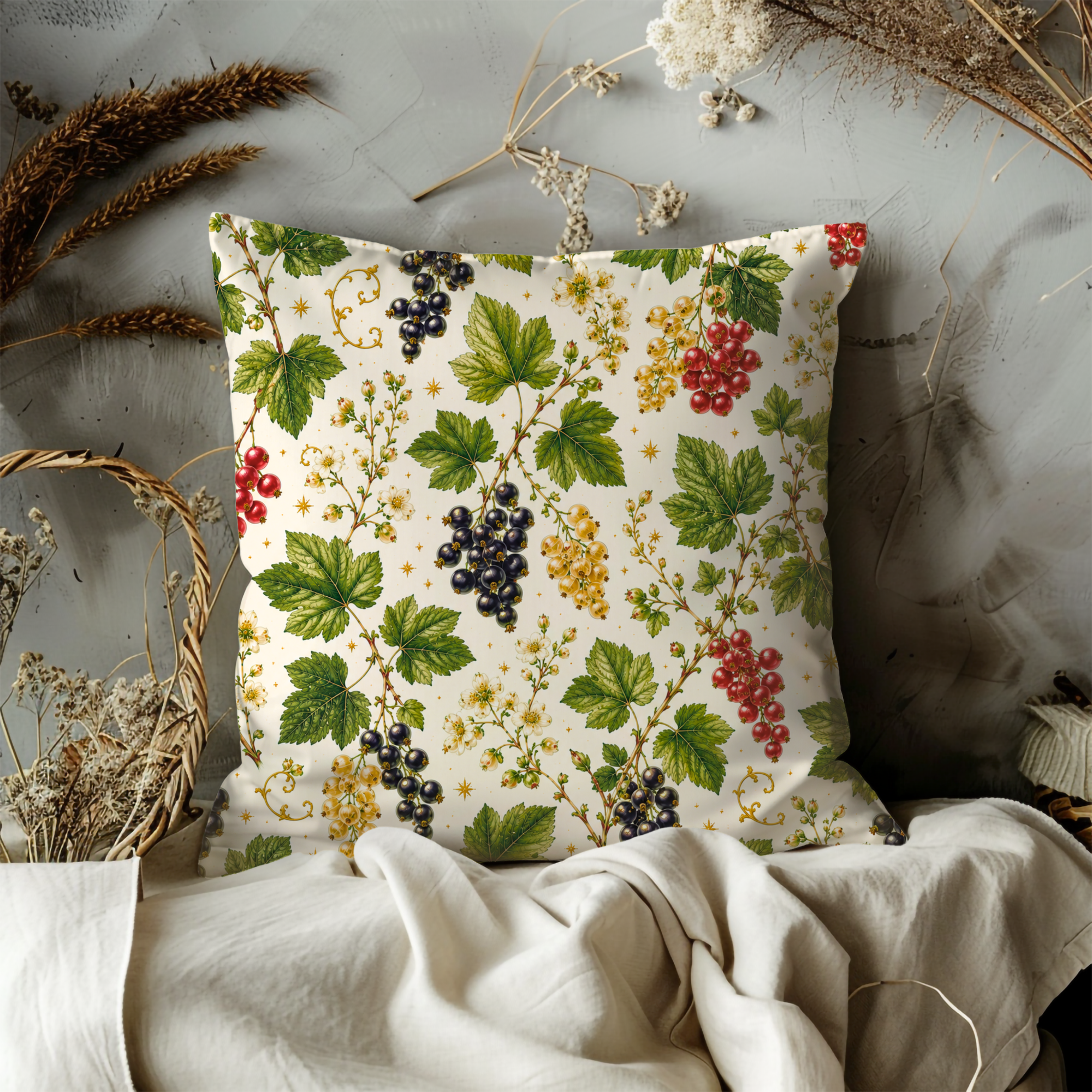 Red Black Currant Branch Pillow Cover | Botanical Berry Art | Gold Crackle Decor