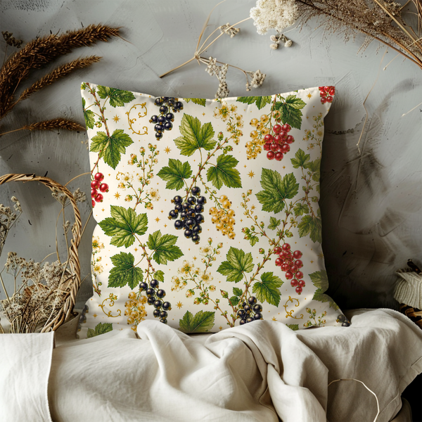 Red Black Currant Branch Pillow Cover – Botanical Berry Art | Gold Crackle Decor