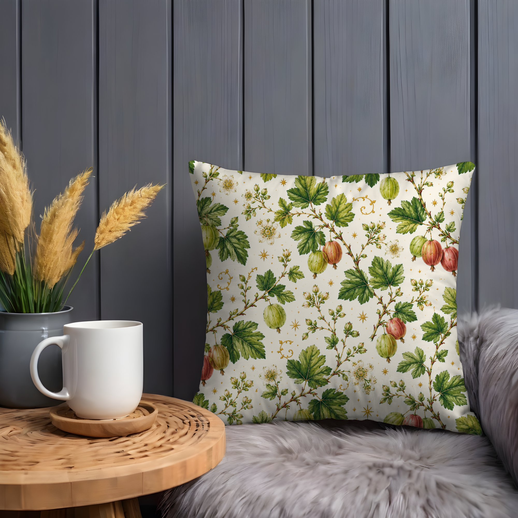 Gooseberry Branch Pillow Cover | Botanical Berry Art | Gold Crackle Decor
