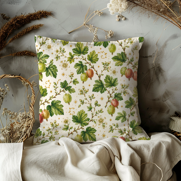 Gooseberry Branch Pillow Cover – Botanical Berry Art | Gold Crackle Decor