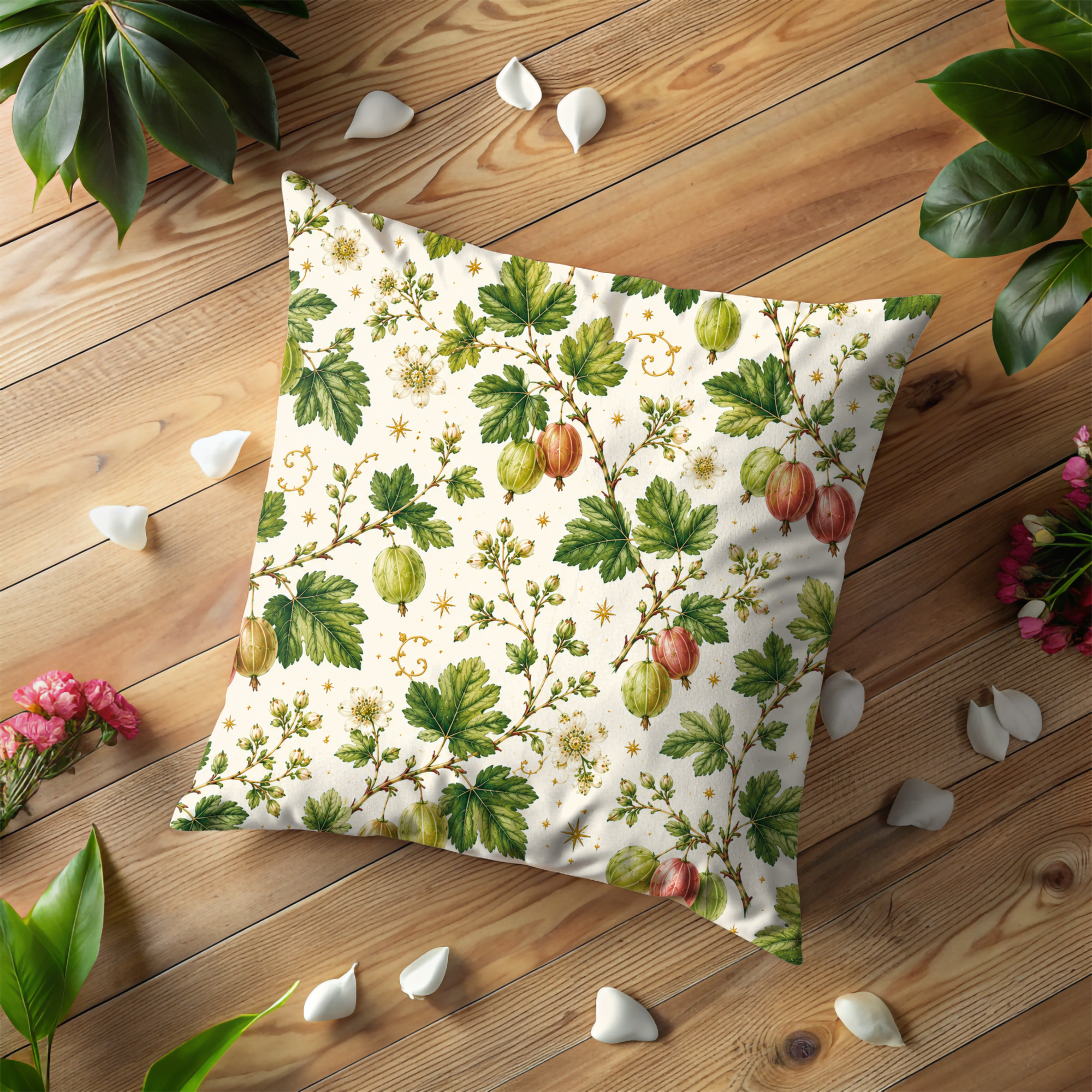 Gooseberry Branch Pillow Cover | Botanical Berry Art | Gold Crackle Decor
