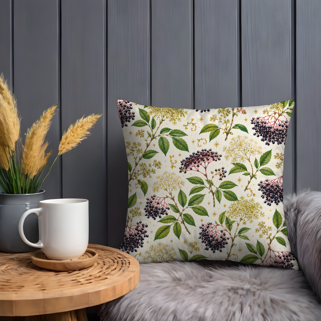 Elderberry Branch Pillow Cover | Botanical Berry Art | Gold Crackle Decor