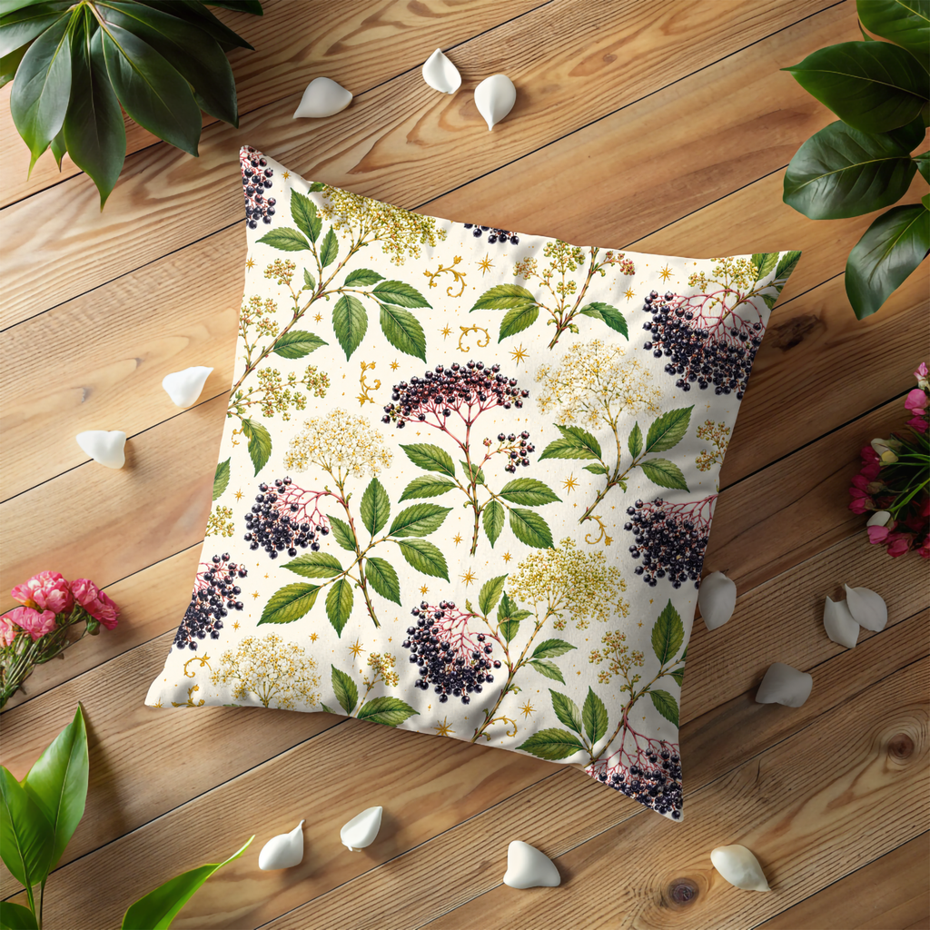 Elderberry Branch Pillow Cover | Botanical Berry Art | Gold Crackle Decor