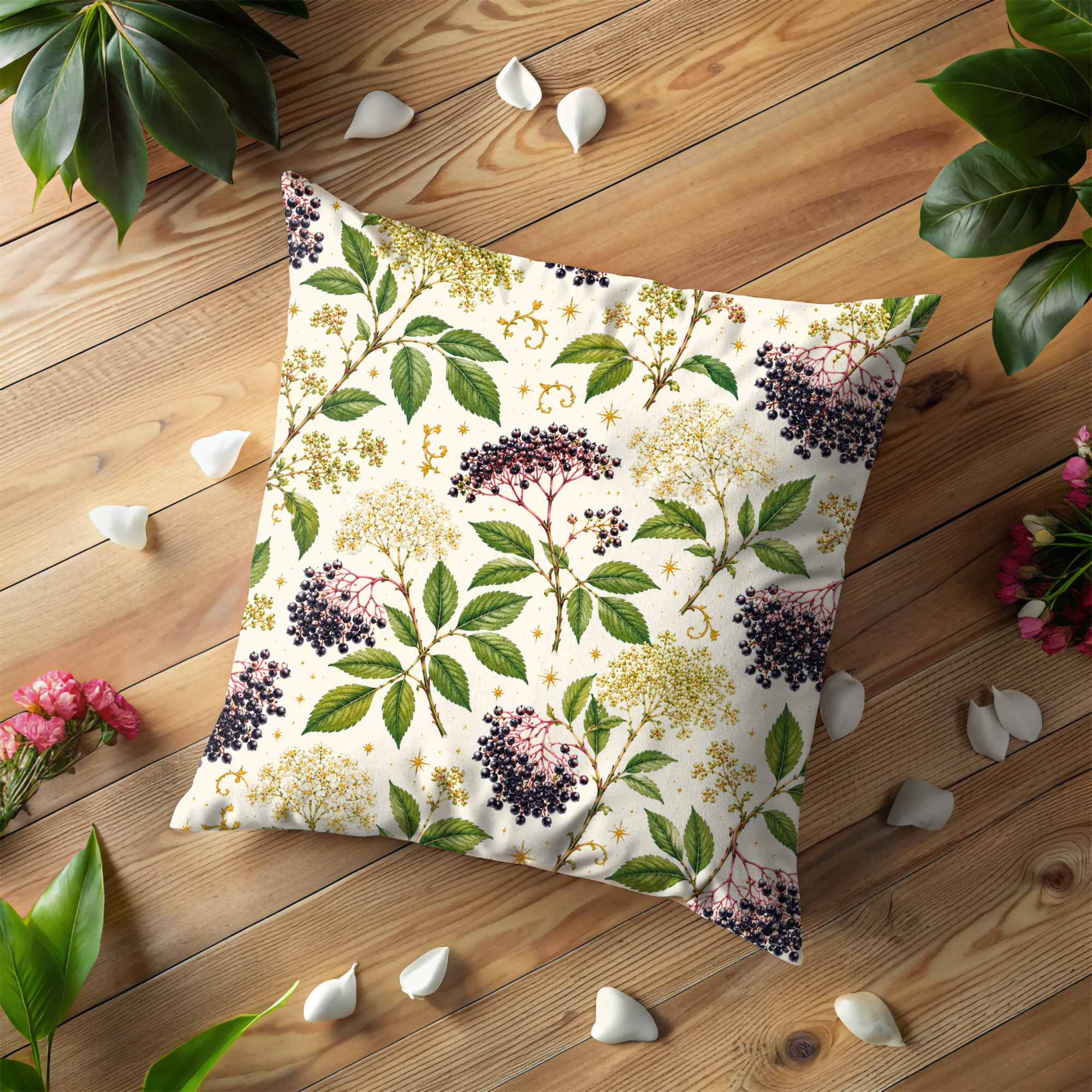 Elderberry Branch Pillow Cover | Botanical Berry Art | Gold Crackle Decor