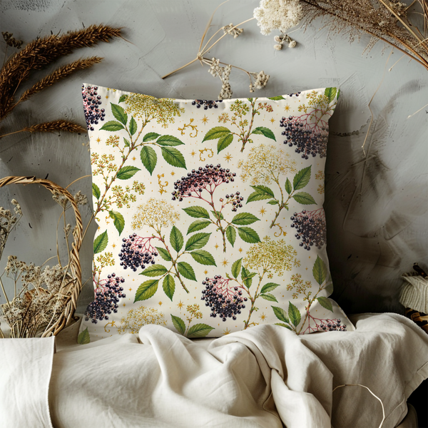 Elderberry Branch Pillow Cover – Botanical Berry Art | Gold Crackle Decor
