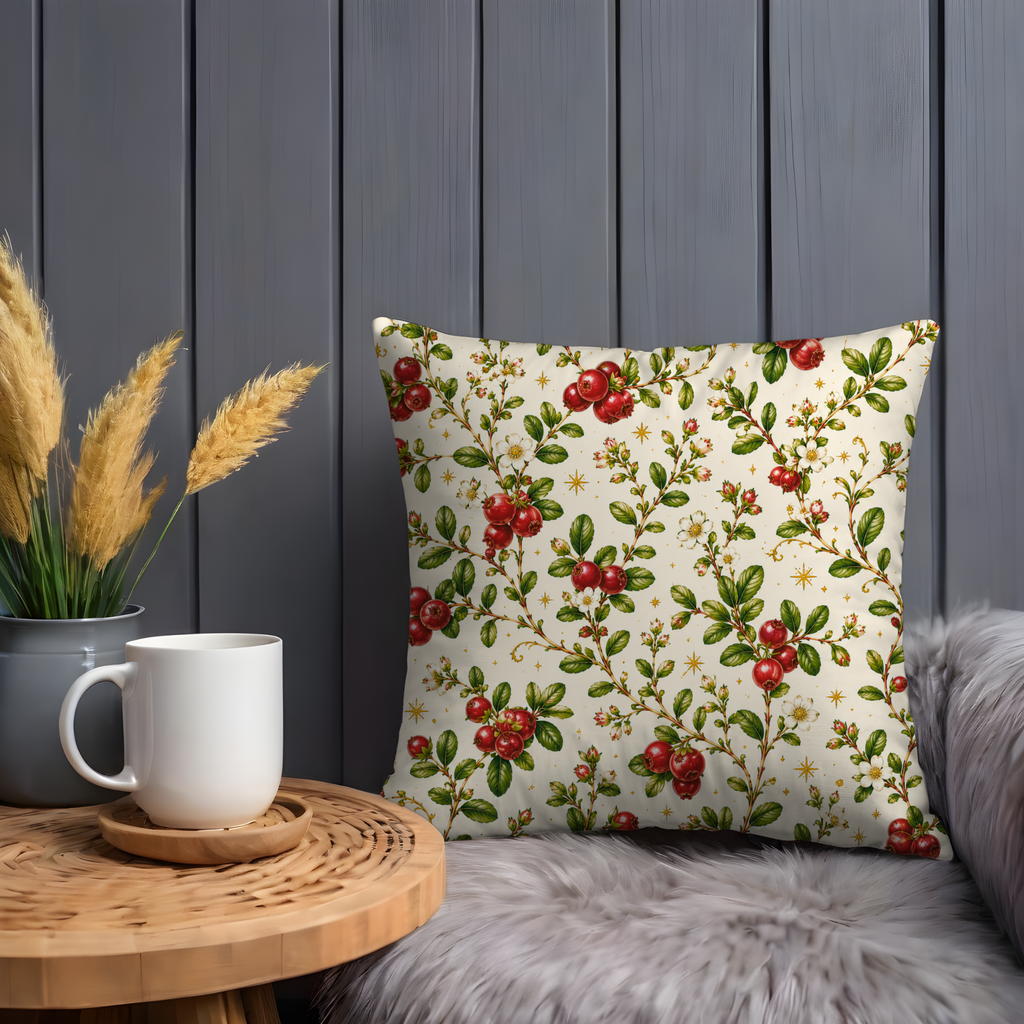 Red Berry Branch Pillow Cover | Botanical Berry Art | Gold Crackle Decor