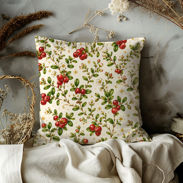 Red Berry Branch Pillow Cover – Botanical Berry Art | Gold Crackle Decor
