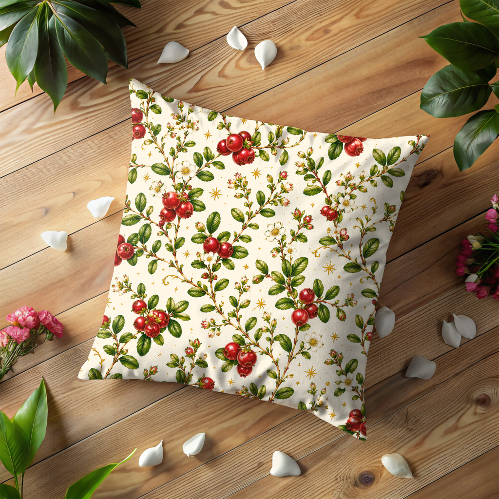 Red Berry Branch Pillow Cover | Botanical Berry Art | Gold Crackle Decor