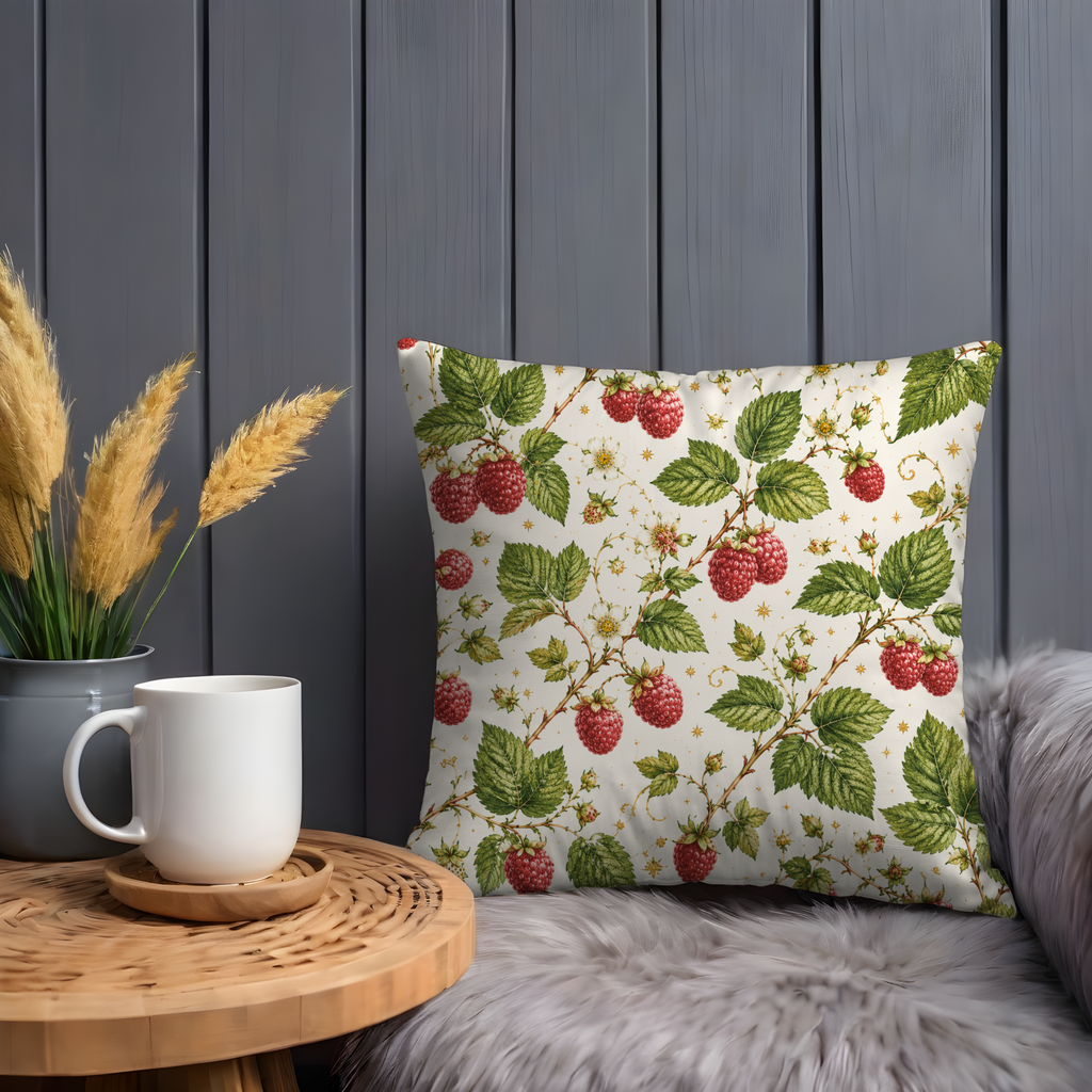 Raspberry Branch Pillow Cover | Botanical Berry Art | Gold Crackle Decor
