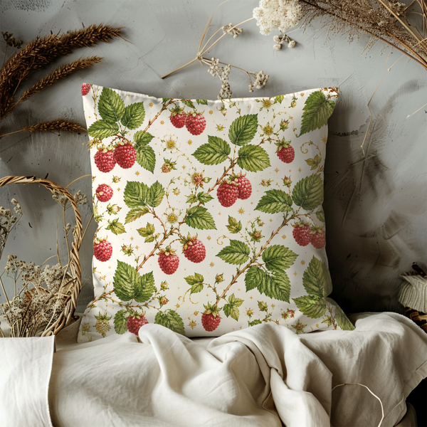 Raspberry Branch Pillow Cover – Botanical Berry Art | Gold Crackle Decor