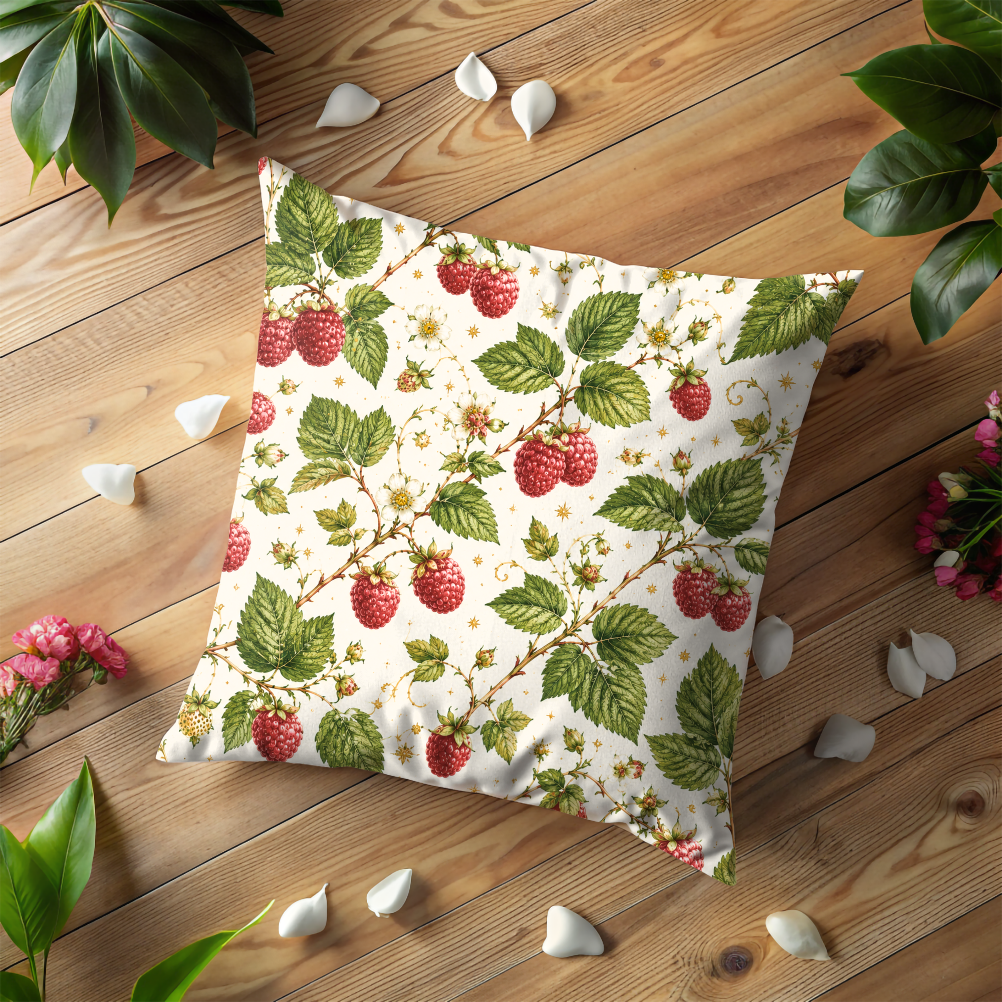 Raspberry Branch Pillow Cover | Botanical Berry Art | Gold Crackle Decor