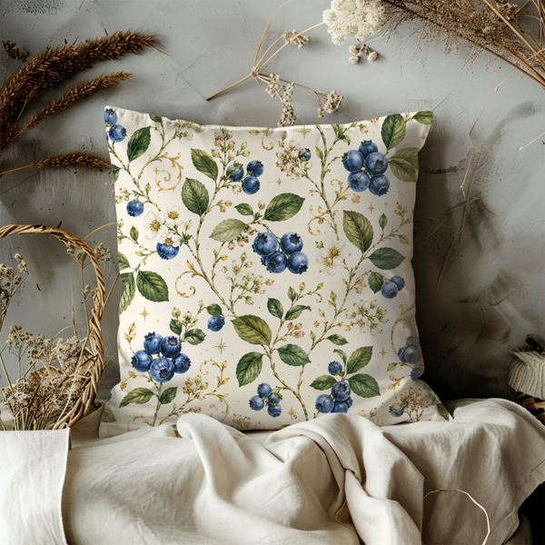 Blueberry Branch Pillow Cover – Botanical Berry Art | Gold Crackle Decor