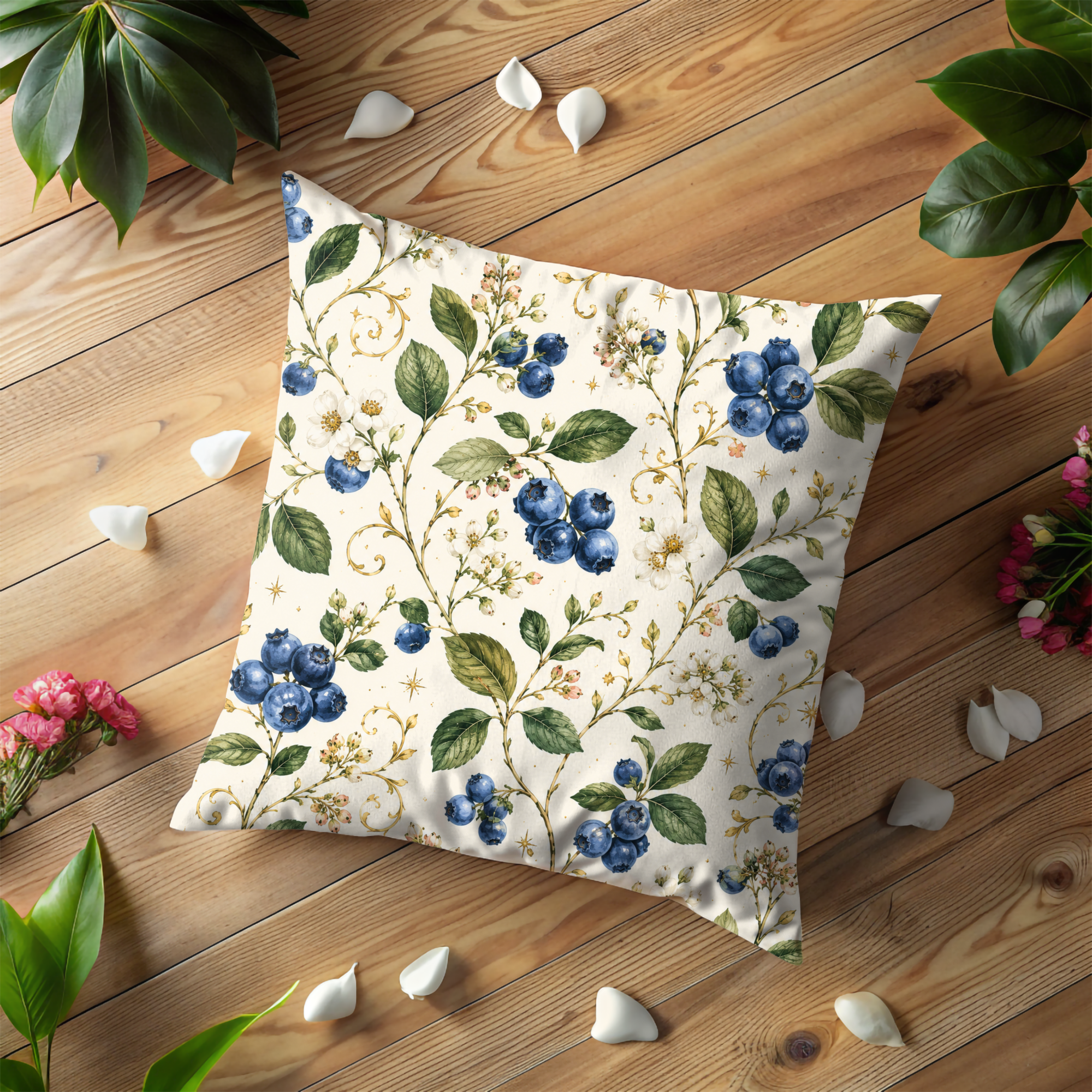 Blueberry Branch Pillow Cover | Botanical Berry Art | Gold Crackle Decor