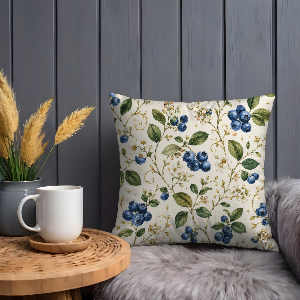 Blueberry Branch Pillow Cover | Botanical Berry Art | Gold Crackle Decor