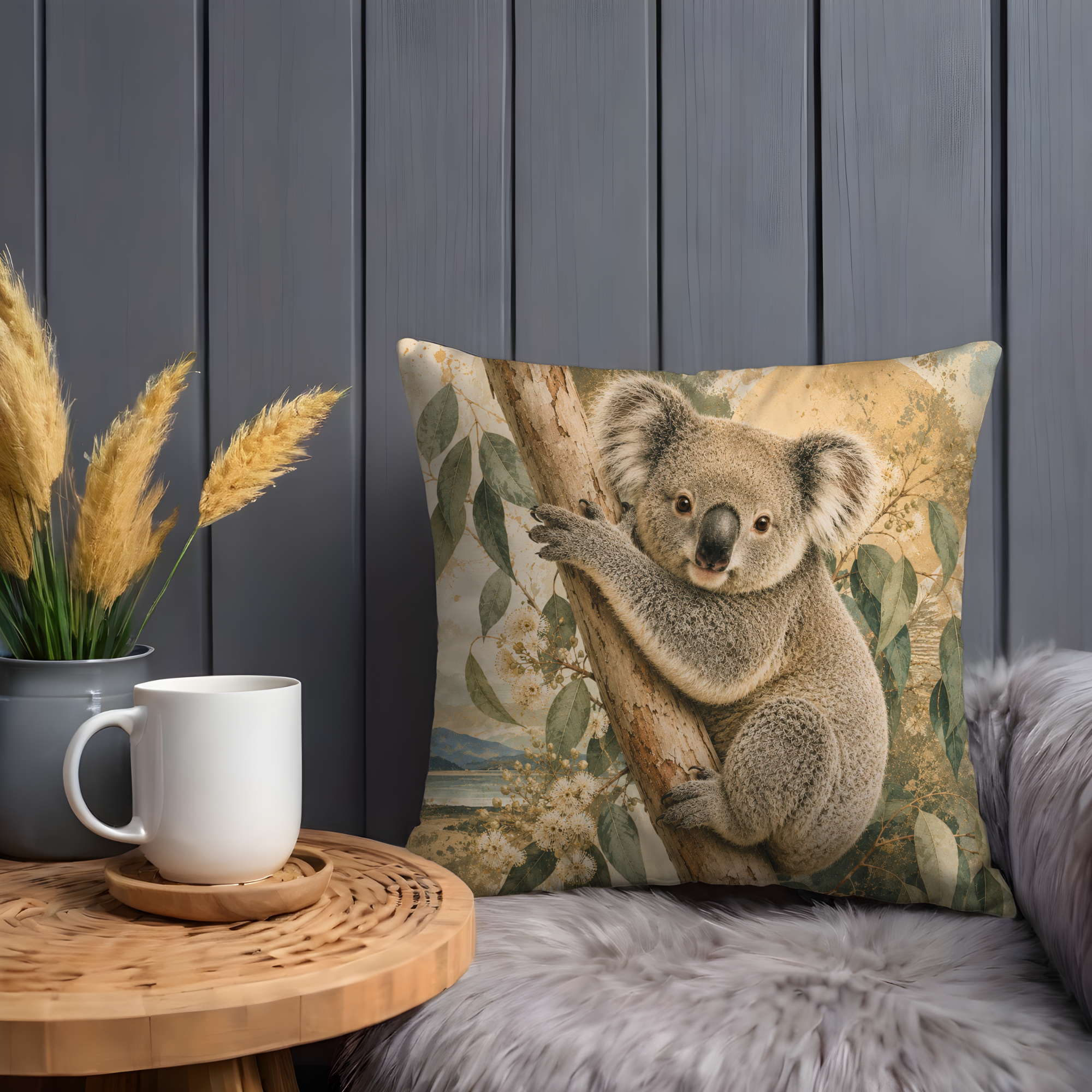 Koala Eucalyptus Pillow Cover | Australian Wildlife Art | Gold Crackle Decor