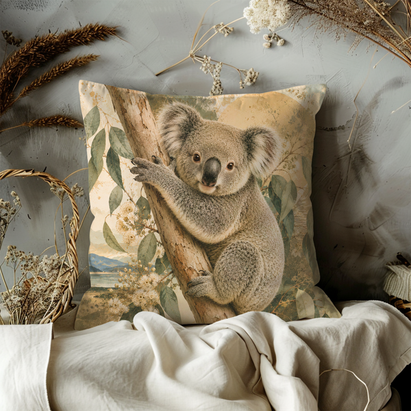 Koala Eucalyptus Pillow Cover – Australian Wildlife Art | Gold Crackle Decor