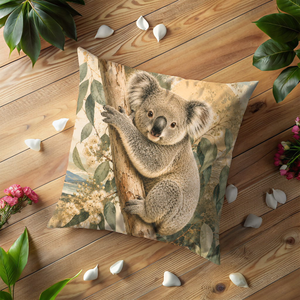 Koala Eucalyptus Pillow Cover | Australian Wildlife Art | Gold Crackle Decor