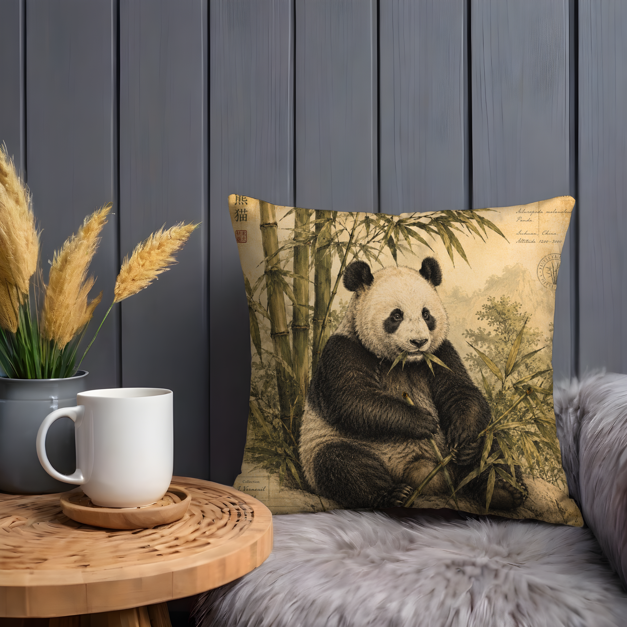 Panda Bamboo Pillow Cover | Wildlife Nature Art | Gold Crackle Decor