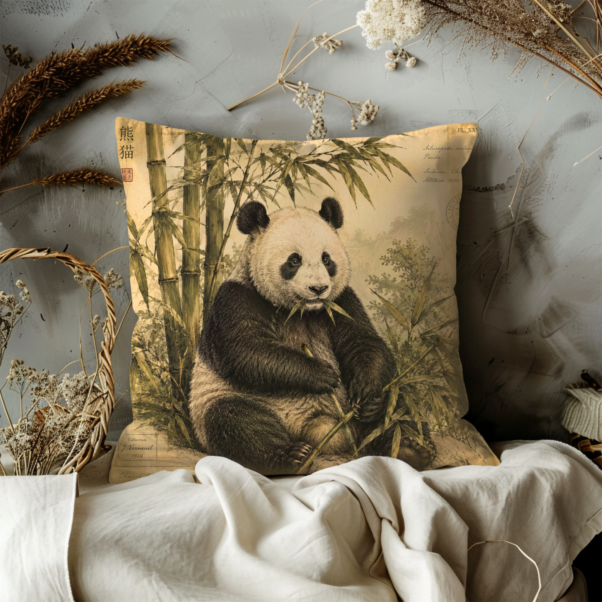 Panda Bamboo Pillow Cover | Wildlife Nature Art | Gold Crackle Decor