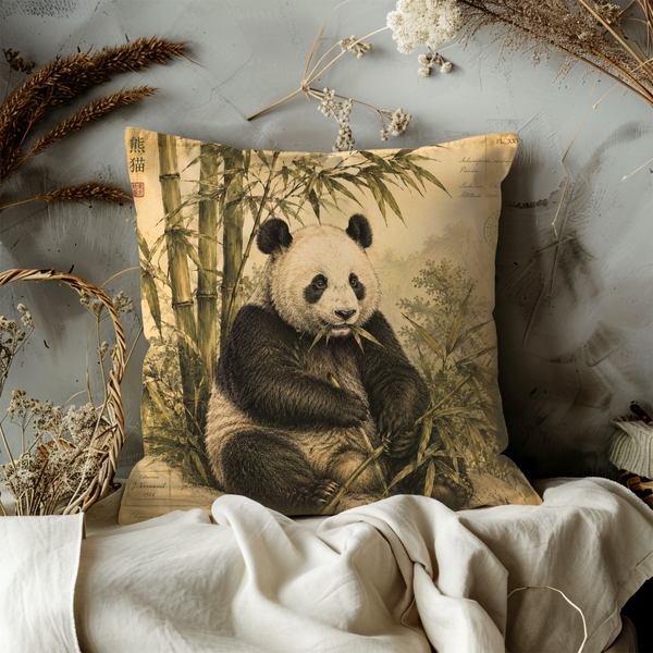 Panda Bamboo Pillow Cover – Wildlife Nature Art | Gold Crackle Decor