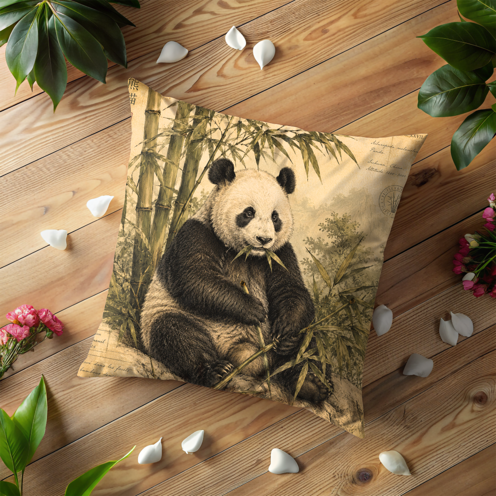 Panda Bamboo Pillow Cover | Wildlife Nature Art | Gold Crackle Decor