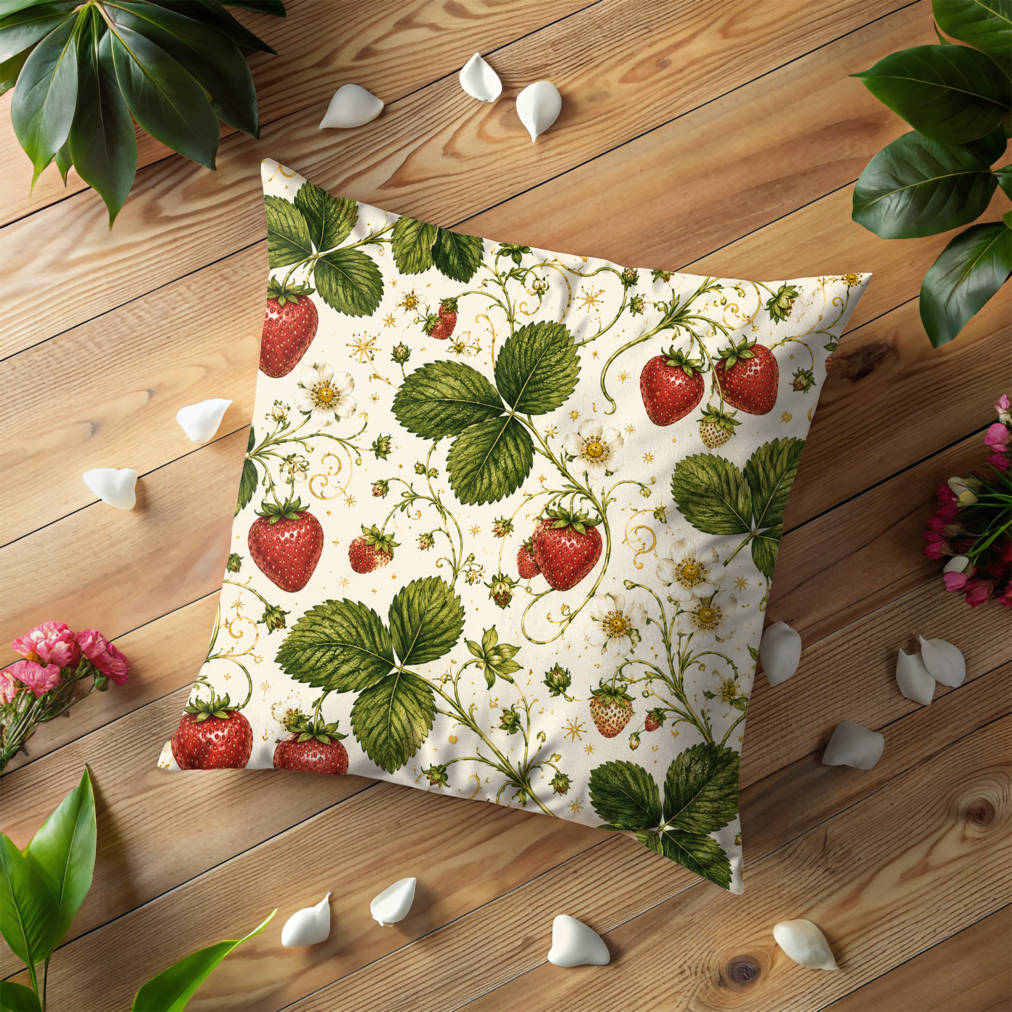 Strawberry Vine Pillow Cover | Botanical Berry Art | Gold Crackle Decor