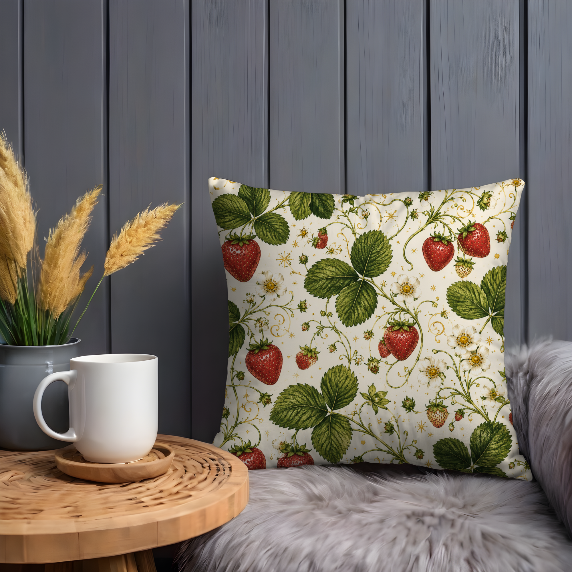 Strawberry Vine Pillow Cover | Botanical Berry Art | Gold Crackle Decor