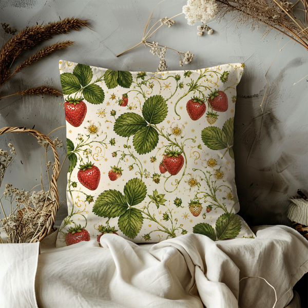 Strawberry Vine Pillow Cover – Botanical Berry Art | Gold Crackle Decor